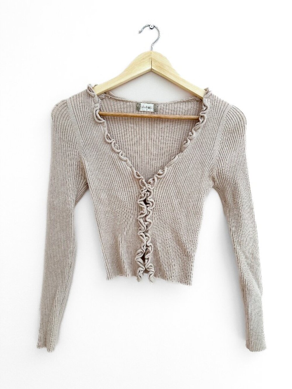 Altar'd State Mini Cropped Shawl Cardigan Ribbed Sweater Tan Beige Ruffles Sz S